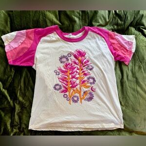 Vibrant Floral Raglan Tee - Pink & White